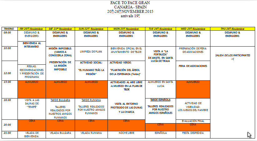 Cronograma de las actividades a realizar en el encuentro